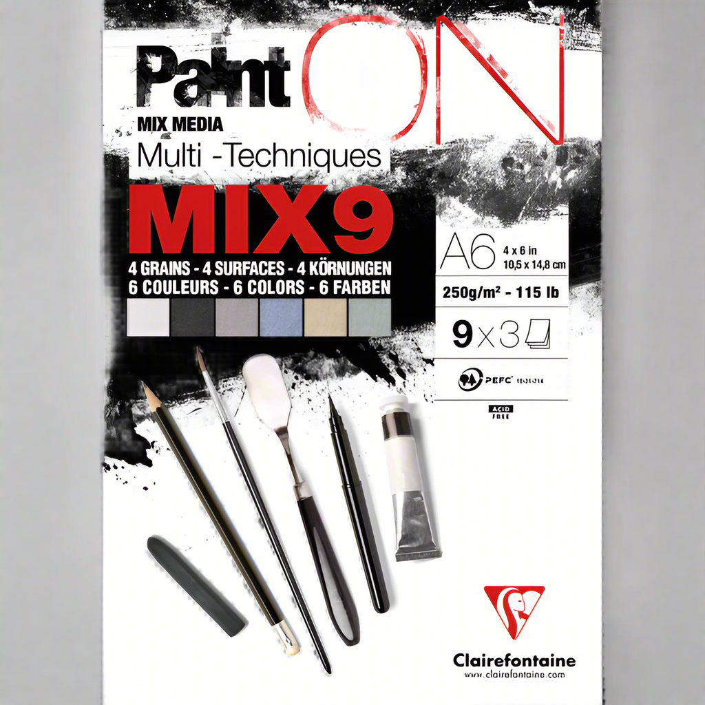 Clairefontaine Paint'On MIX9 Assorted Paper Pad Ã¢â‚¬â€œ 9 varieties of art paper including recycled, white, natural, grey, denim blue, sage green, and black.