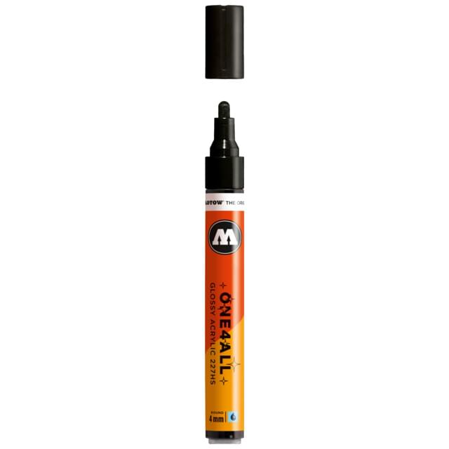 Black ONE4ALL Gloss Marker with cap off, showing high gloss acrylic lacquer nib.